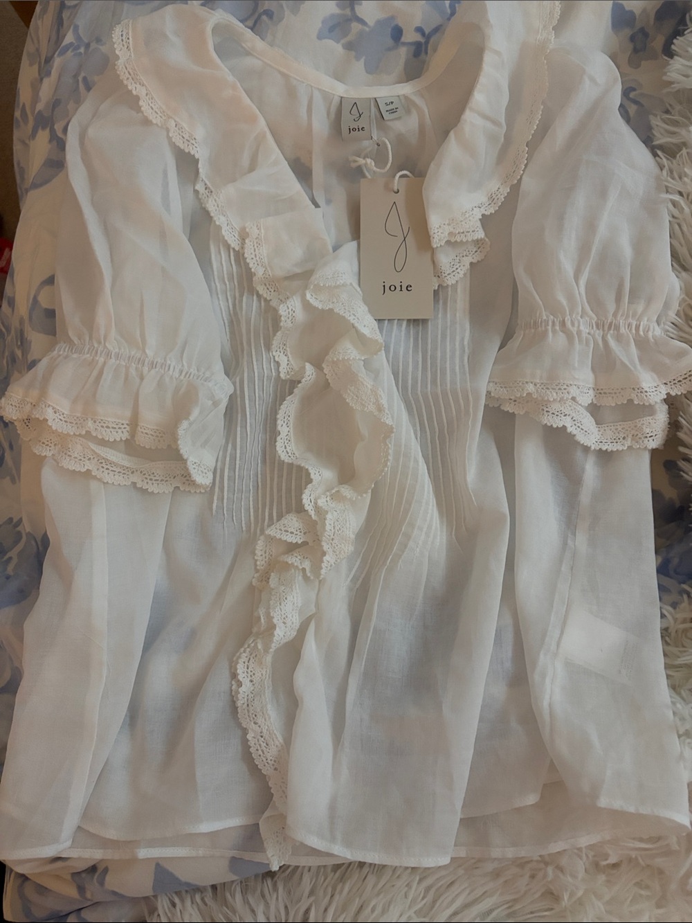 White Ruffled Lace-Trim Blouse